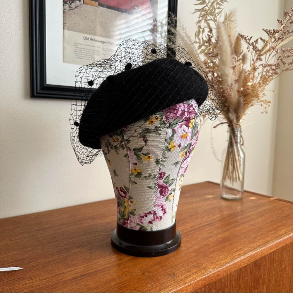NWT Black Wool Beret with Mesh Veil